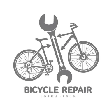 Logo de réparation de bicyclettes avec deux vélos et une clé à molette.